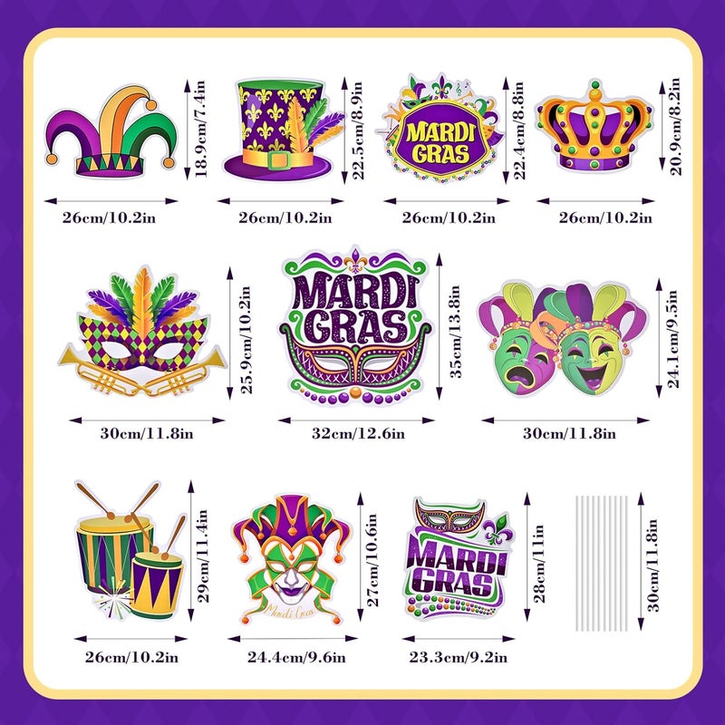 PhyLence 10 Pieces Mardi Gras Decorations Outdoor Yard Garden Porch Sign - Large Festive Mask, Jester, Crown, Drum, and Hat Masquerade Design Signs with Stakes for Outside Carnival Patio Pathway Lawn Decor - Image 2